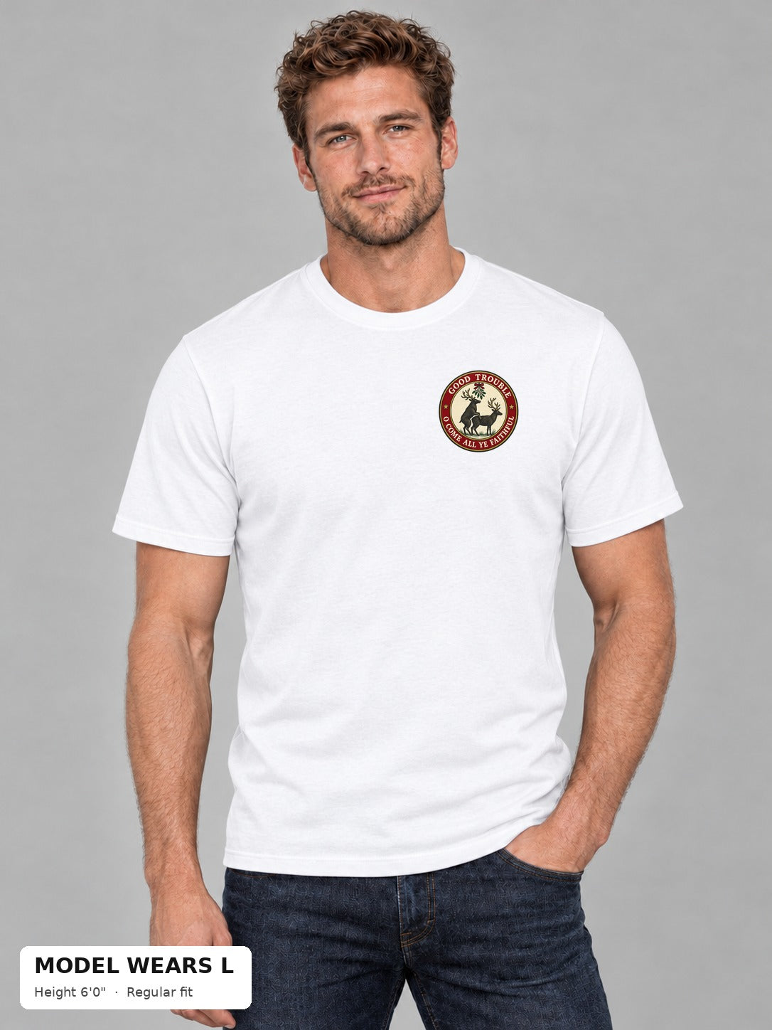O Come All Ye Faithful Reindeer Tee front left-chest crest on an athletic model wearing size L, 6'0" - Good Trouble Fashion