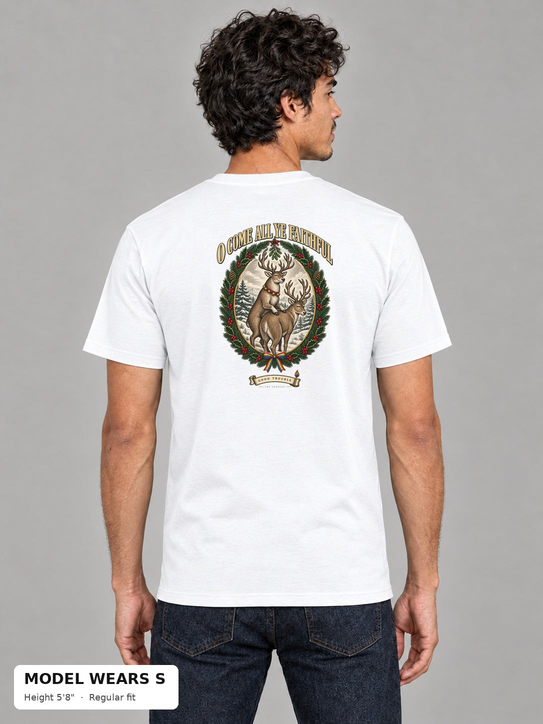 O Come All Ye Faithful Reindeer Tee in White on a slim model wearing size S, 5'8" - Good Trouble Fashion
