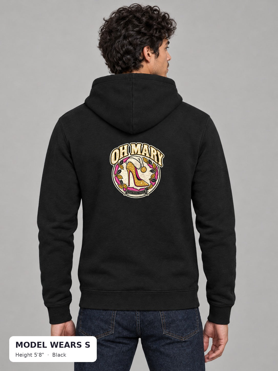 Oh Mary Holiday Hoodie in Black on a slim model wearing size S, 5'8" - Good Trouble Fashion