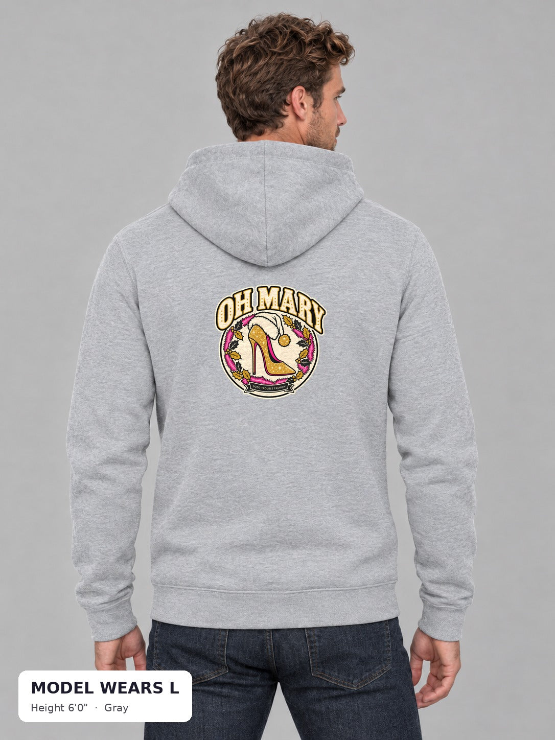 Oh Mary Holiday Hoodie in Gray on an athletic model wearing size L, 6'0" - Good Trouble Fashion