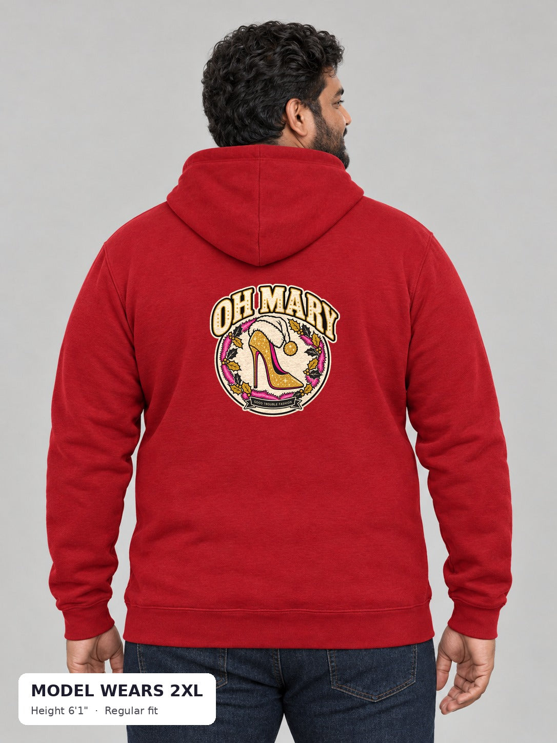 Oh Mary Holiday Hoodie on a plus-size model wearing size 2XL, 6'1" - Good Trouble Fashion