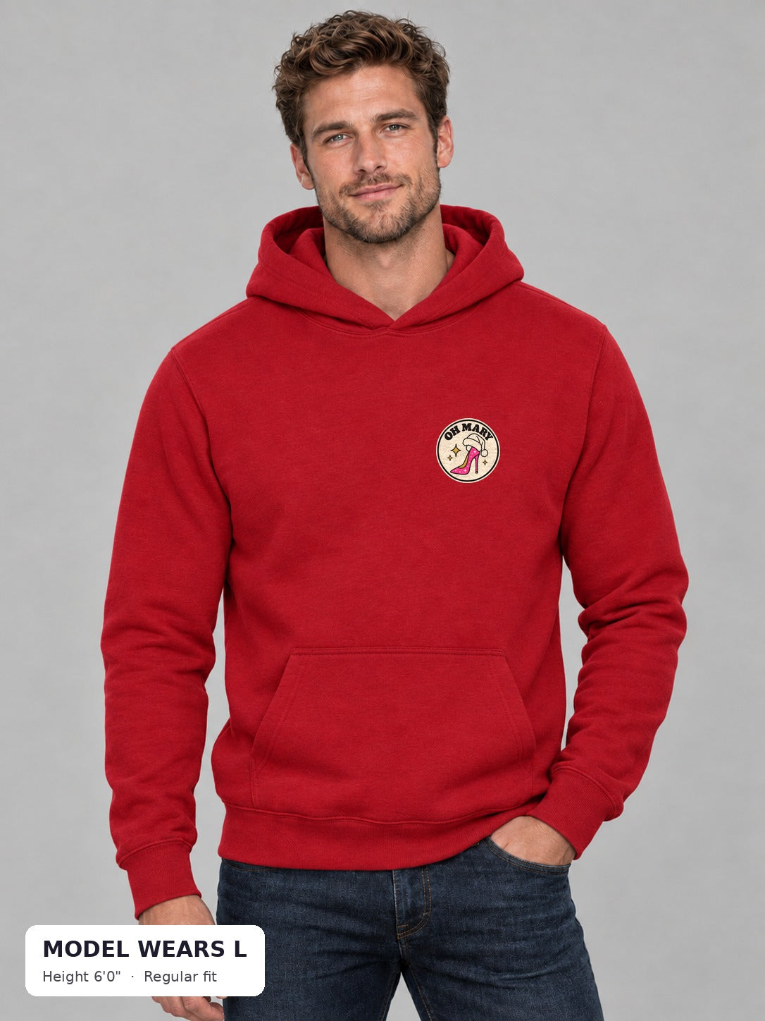 Oh Mary Holiday Hoodie on an athletic model wearing size L, 6'0" - Good Trouble Fashion