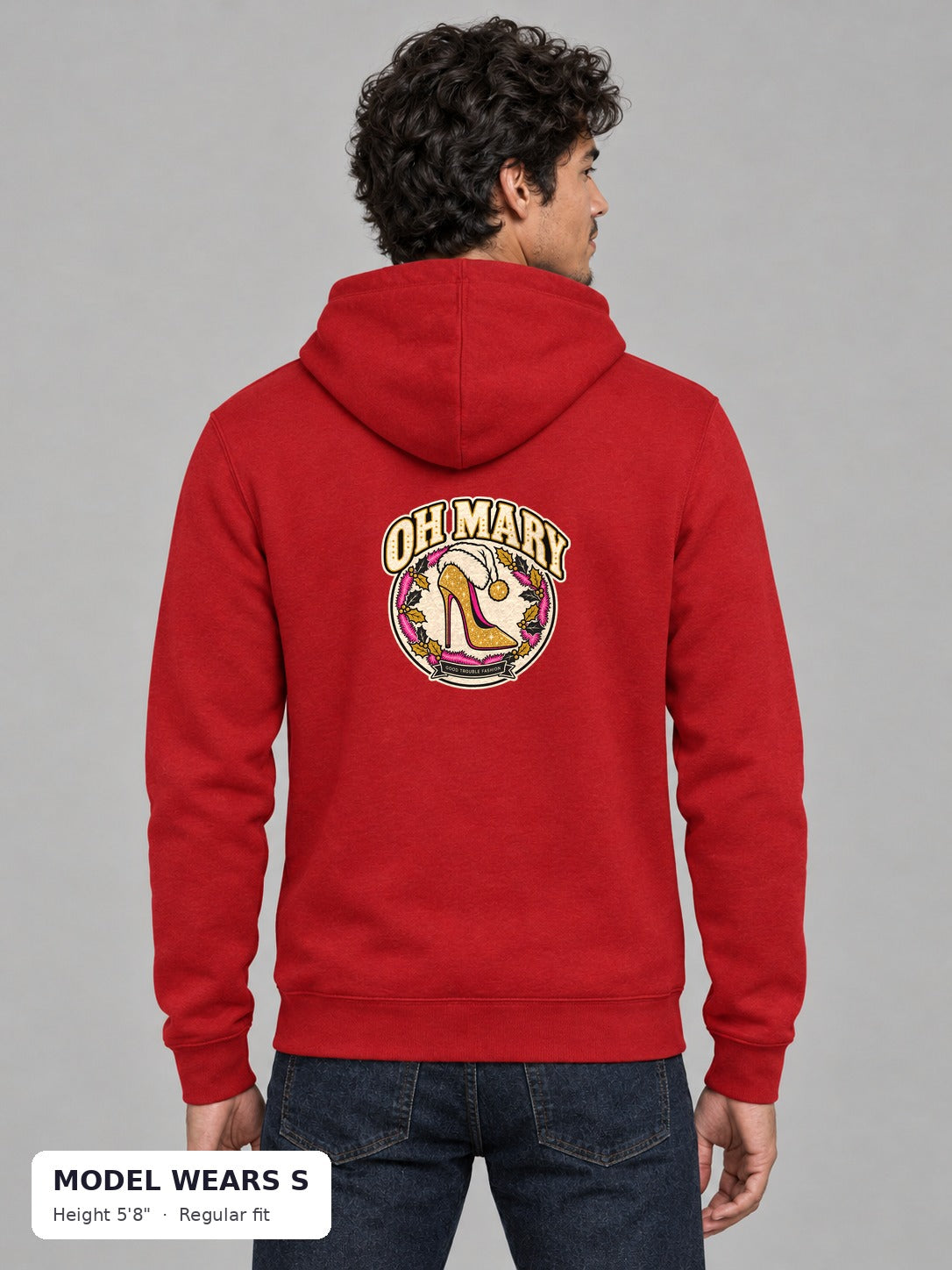Oh Mary Holiday Hoodie on a slim model wearing size S, 5'8" - Good Trouble Fashion