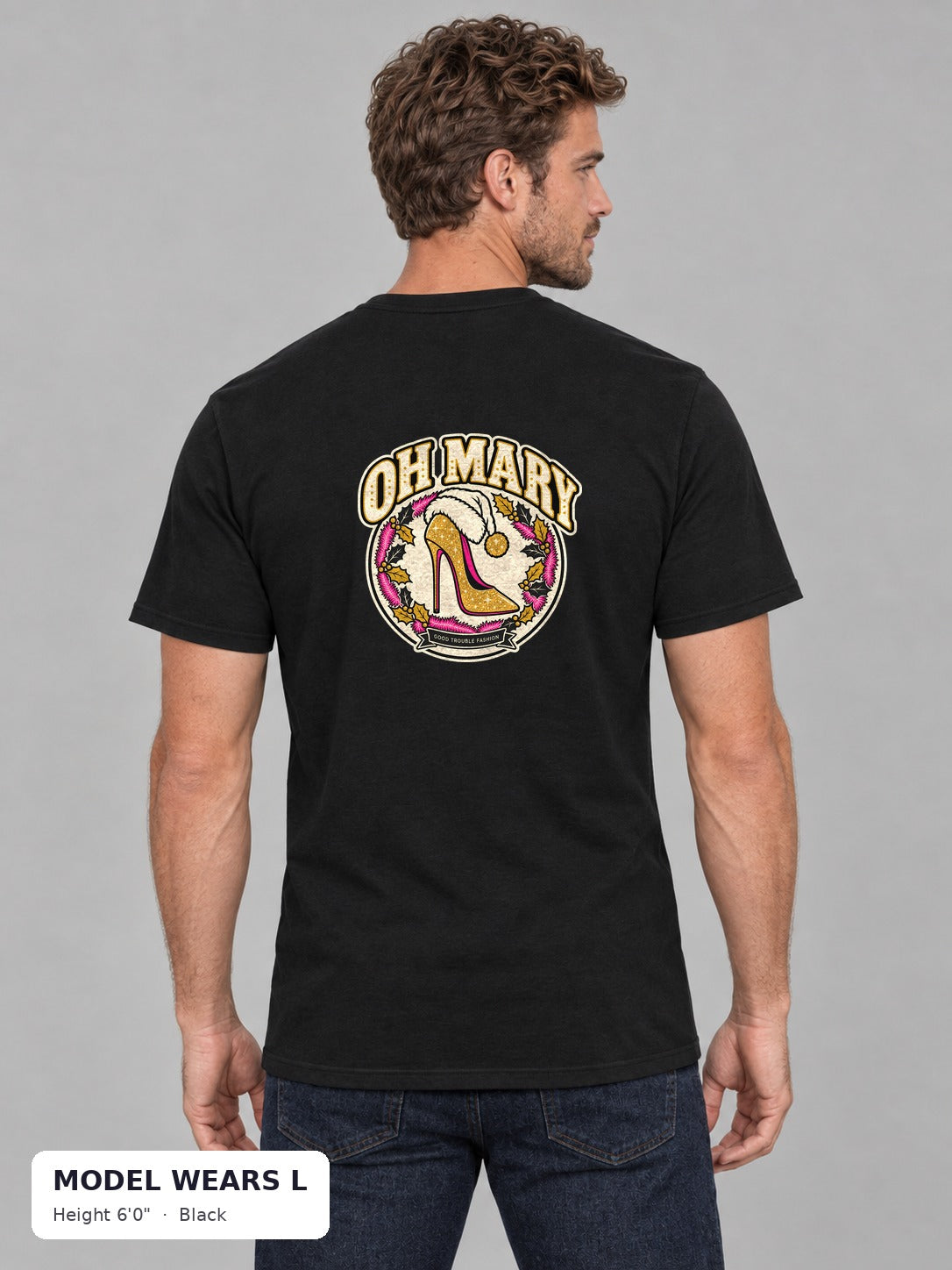 Oh Mary Holiday Tee in Black on an athletic model wearing size L, 6'0" - Good Trouble Fashion