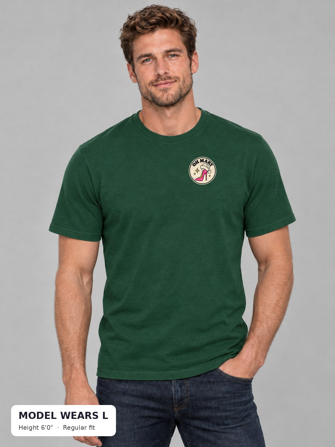 Oh Mary Holiday Tee on an athletic model wearing size L, 6'0" - Good Trouble Fashion