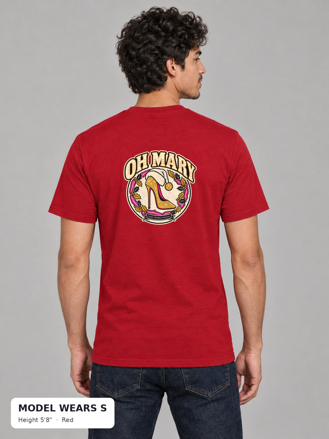 Oh Mary Holiday Tee in Red on a slim model wearing size S, 5'8" - Good Trouble Fashion