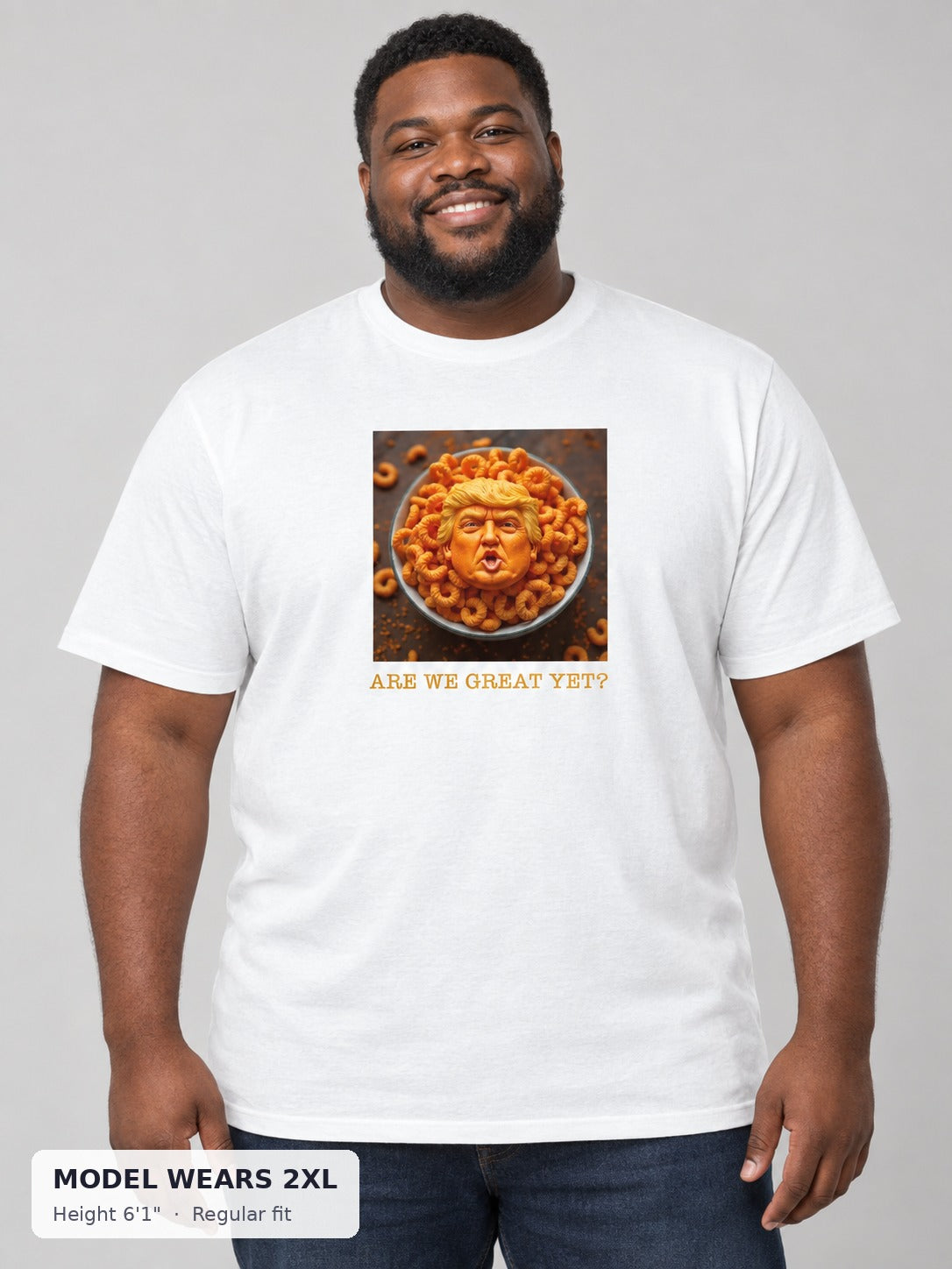Orange Trump Parody Tee on a plus-size model wearing size 2XL, 6'1" - Good Trouble Fashion