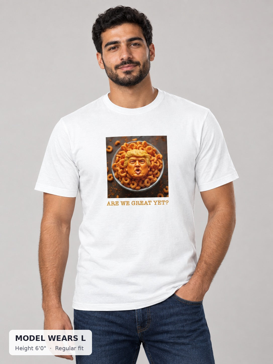 Orange Trump Parody Tee on an athletic model wearing size L, 6'0" - Good Trouble Fashion