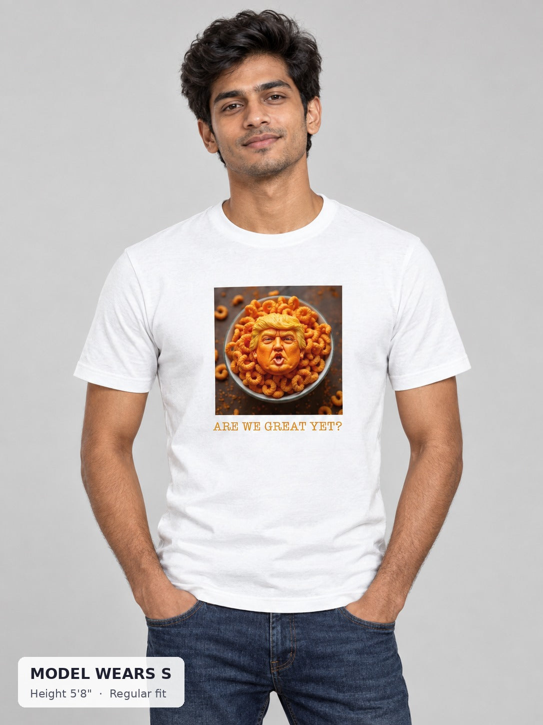 Orange Trump Parody Tee on a slim model wearing size S, 5'8" - Good Trouble Fashion