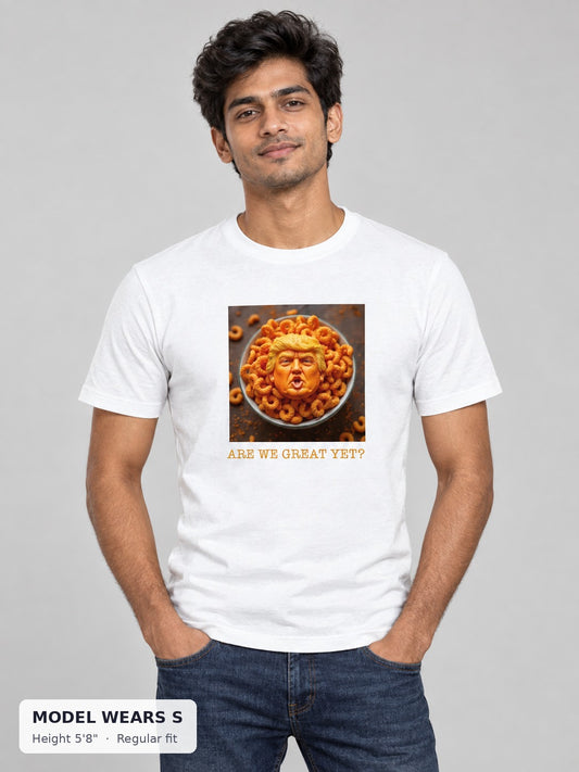 Orange Trump Parody Tee on a slim model wearing size S, 5'8" - Good Trouble Fashion