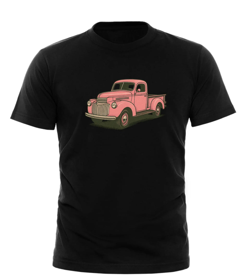 Good Trouble Garments black t-shirt featuring a vintage pink pickup truck t-shirt graphic on the front