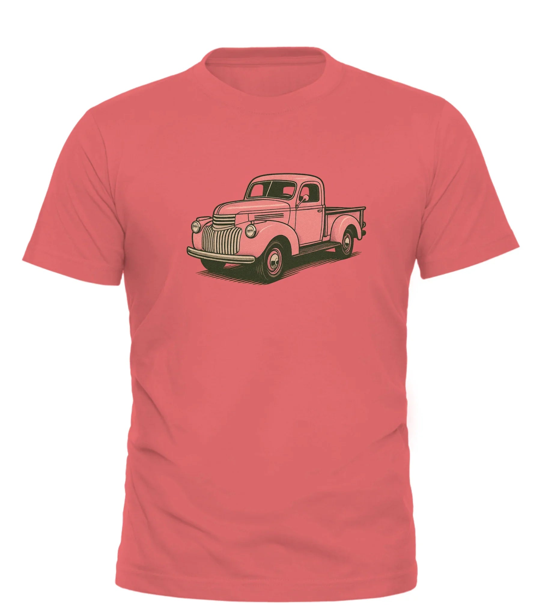 Good Trouble Garments pink pickup truck t-shirt with vintage truck graphic on coral background