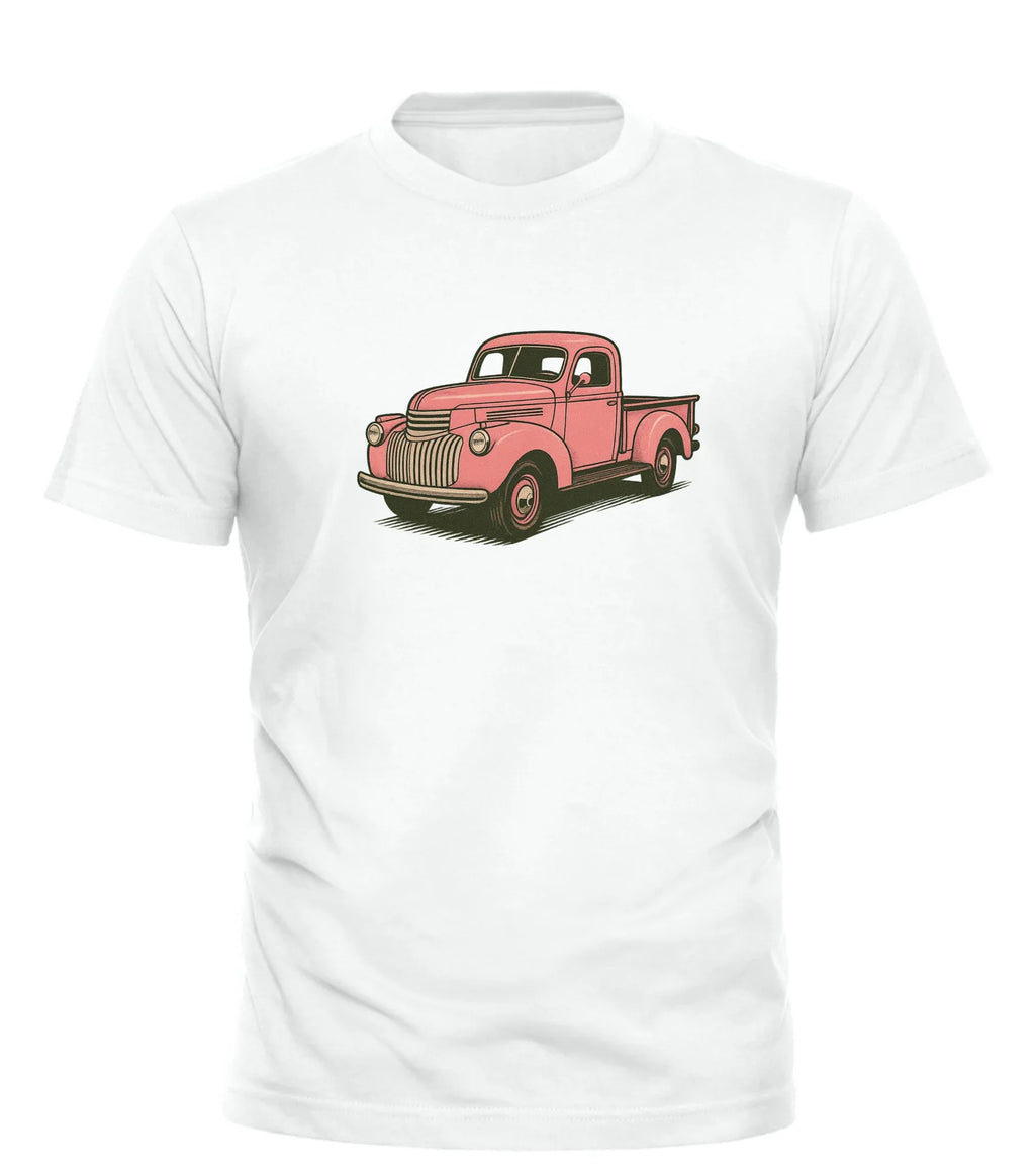 Good Trouble Garments white t-shirt with vintage pink pickup truck t-shirt graphic design