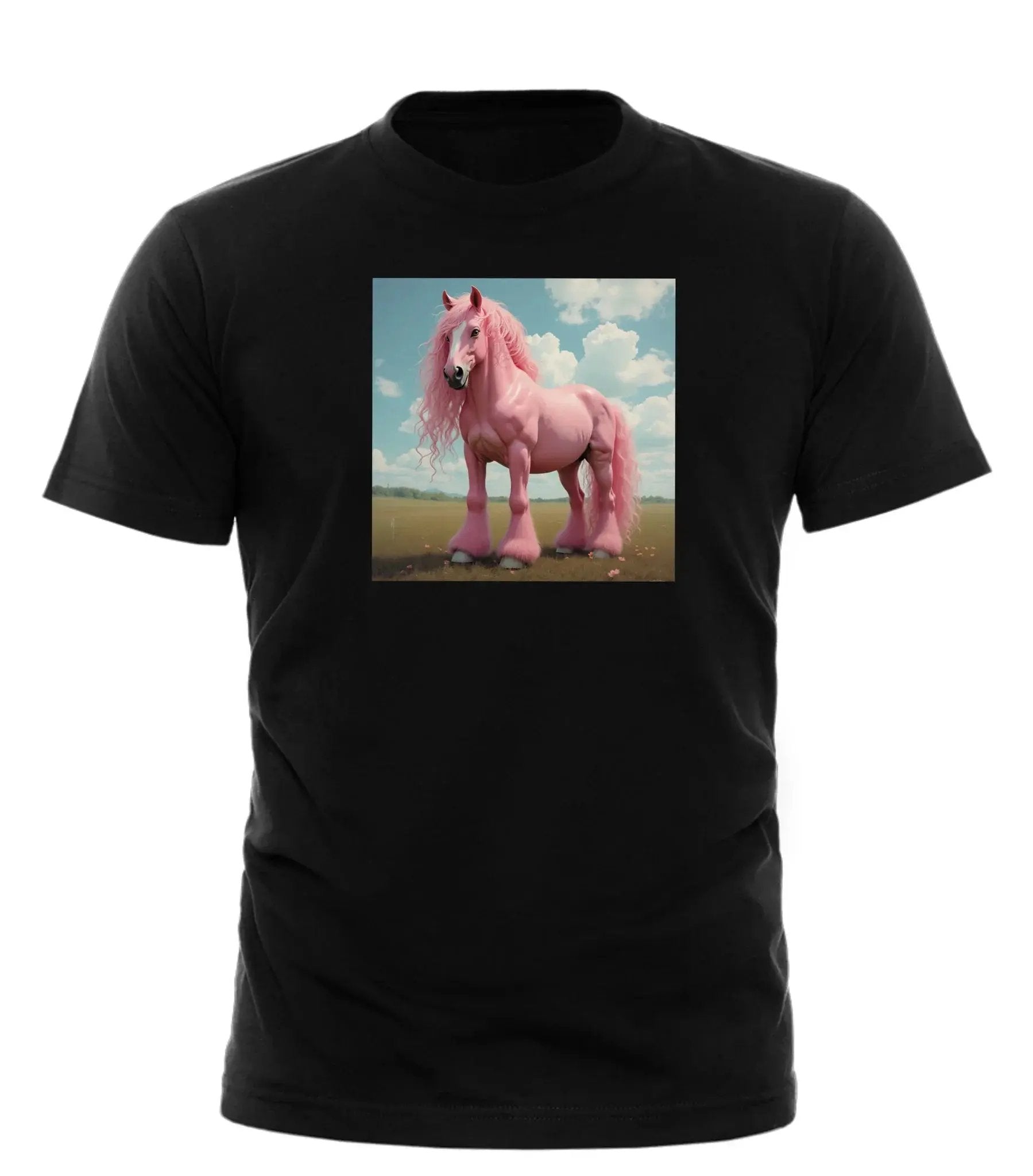 Good Trouble Garments black t-shirt featuring a detailed pink pony on a grassy field with blue sky pink pony club t-shirt