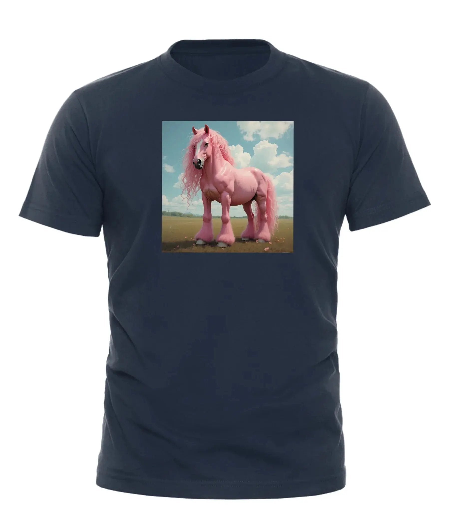 Good Trouble Garments navy t-shirt featuring a pink pony design with blue sky background pink pony club t-shirt