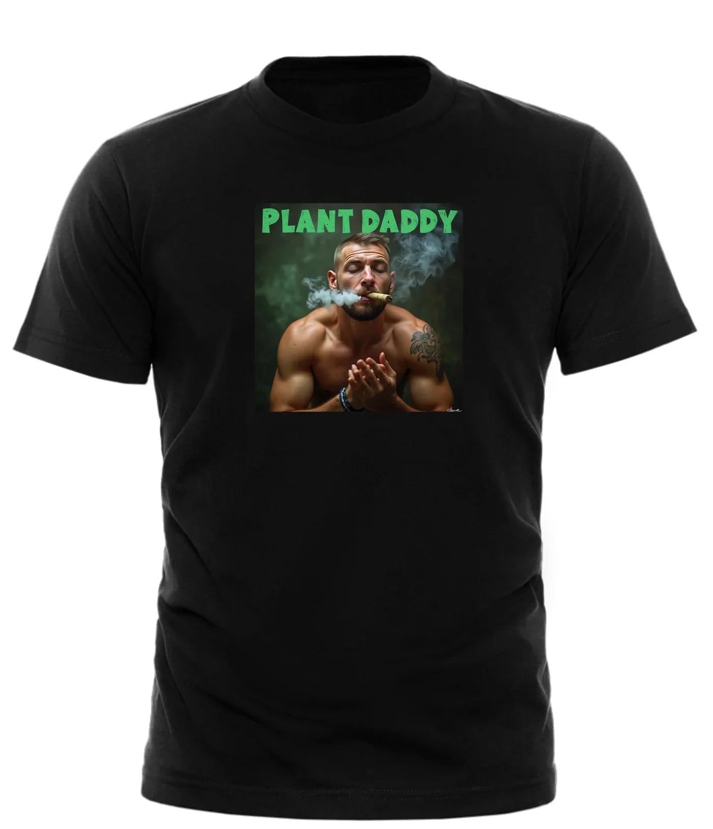 Good Trouble Garments black Plant Daddy t-shirt with muscular man smoking and text Plant Daddy