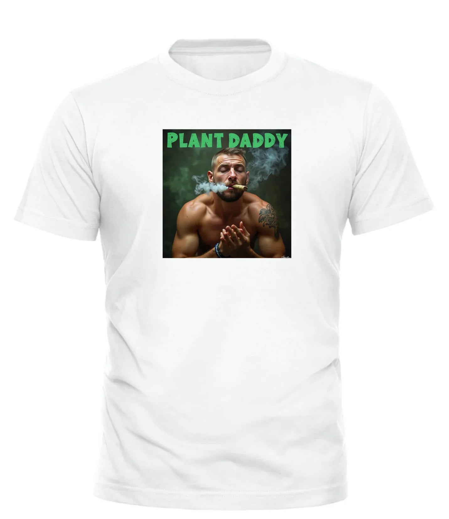 Good Trouble Garments white Plant Daddy t-shirt featuring a muscular man smoking with green text
