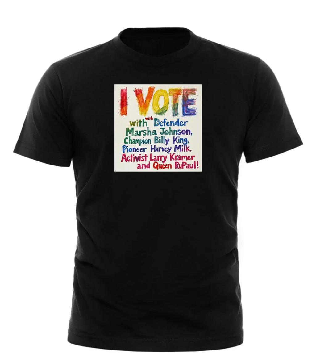 Good Trouble Garments black political statement t-shirt for election with colorful I VOTE message