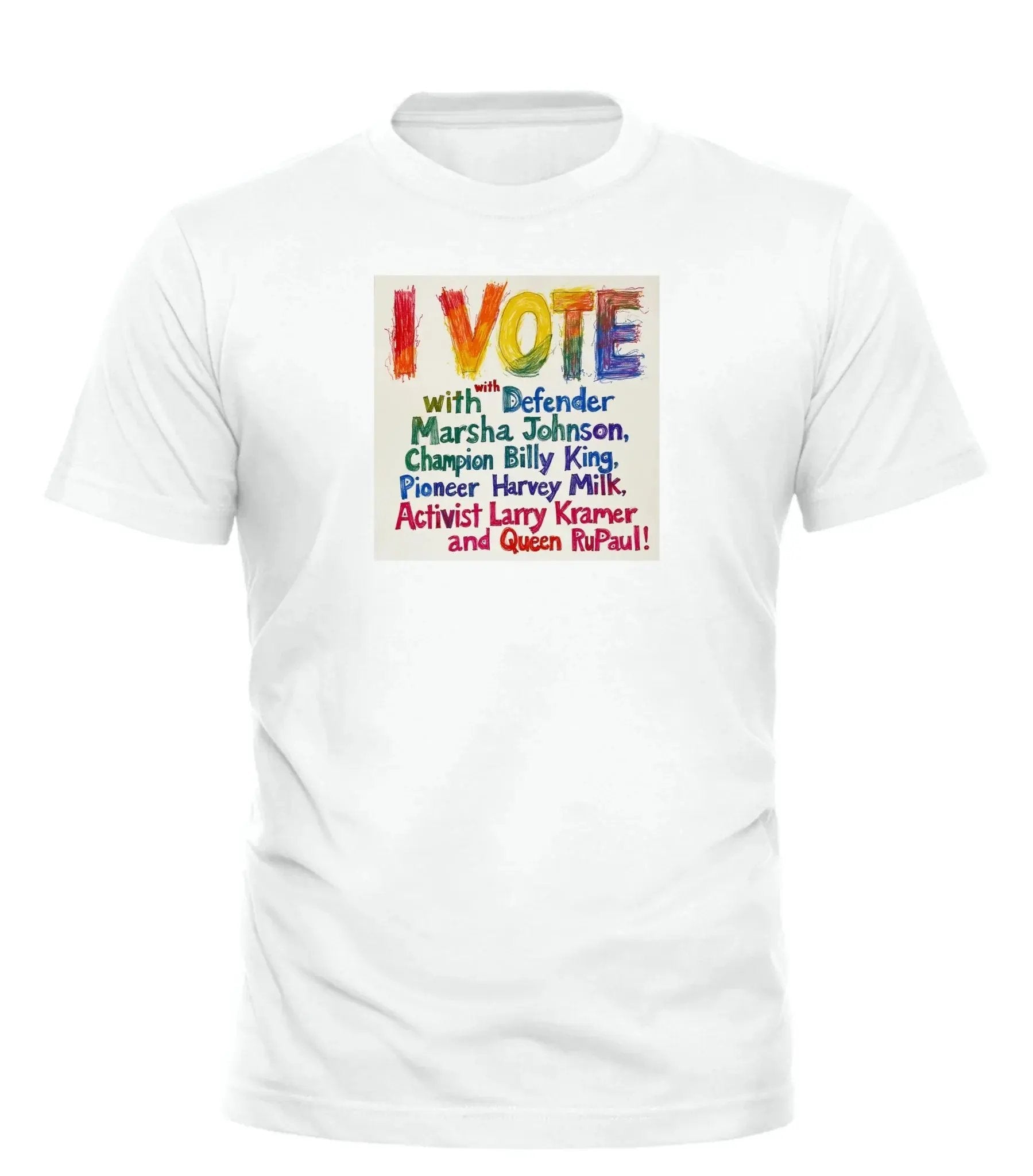Good Trouble Garments white political statement t-shirt for election with colorful I VOTE design