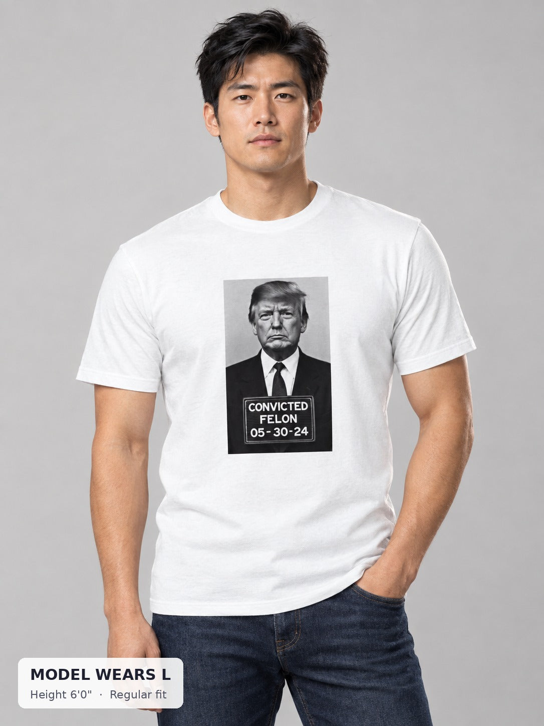 President Trump Convicted Tee on an athletic model wearing size L, 6'0" - Good Trouble Fashion