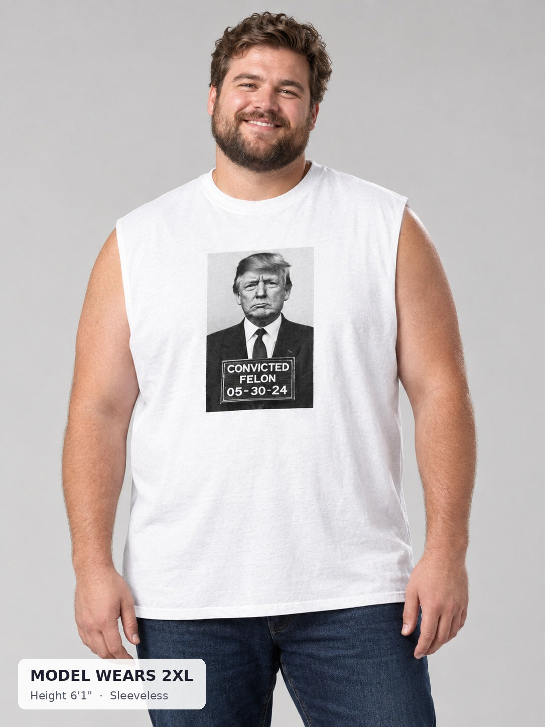 President Trump Convicted Tee on a plus-size model wearing size 2XL, 6'1" - Good Trouble Fashion