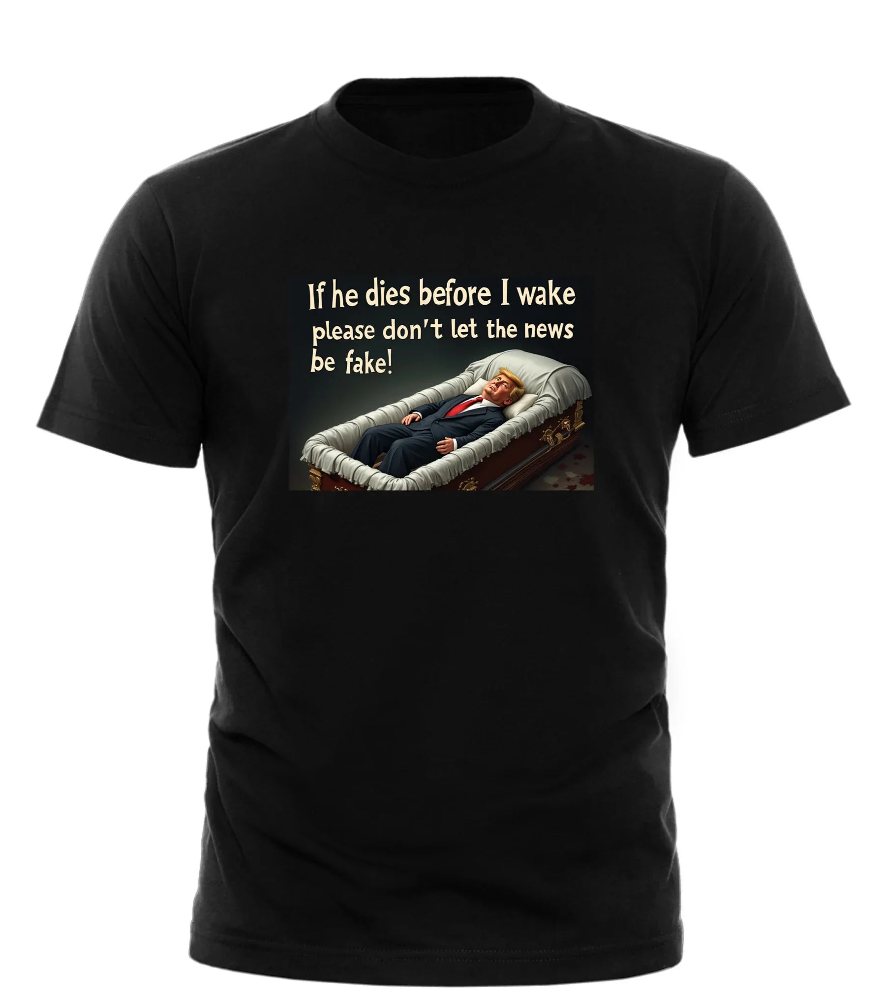 Good Trouble Garments black presidential funeral humor tee with political cartoon and text design