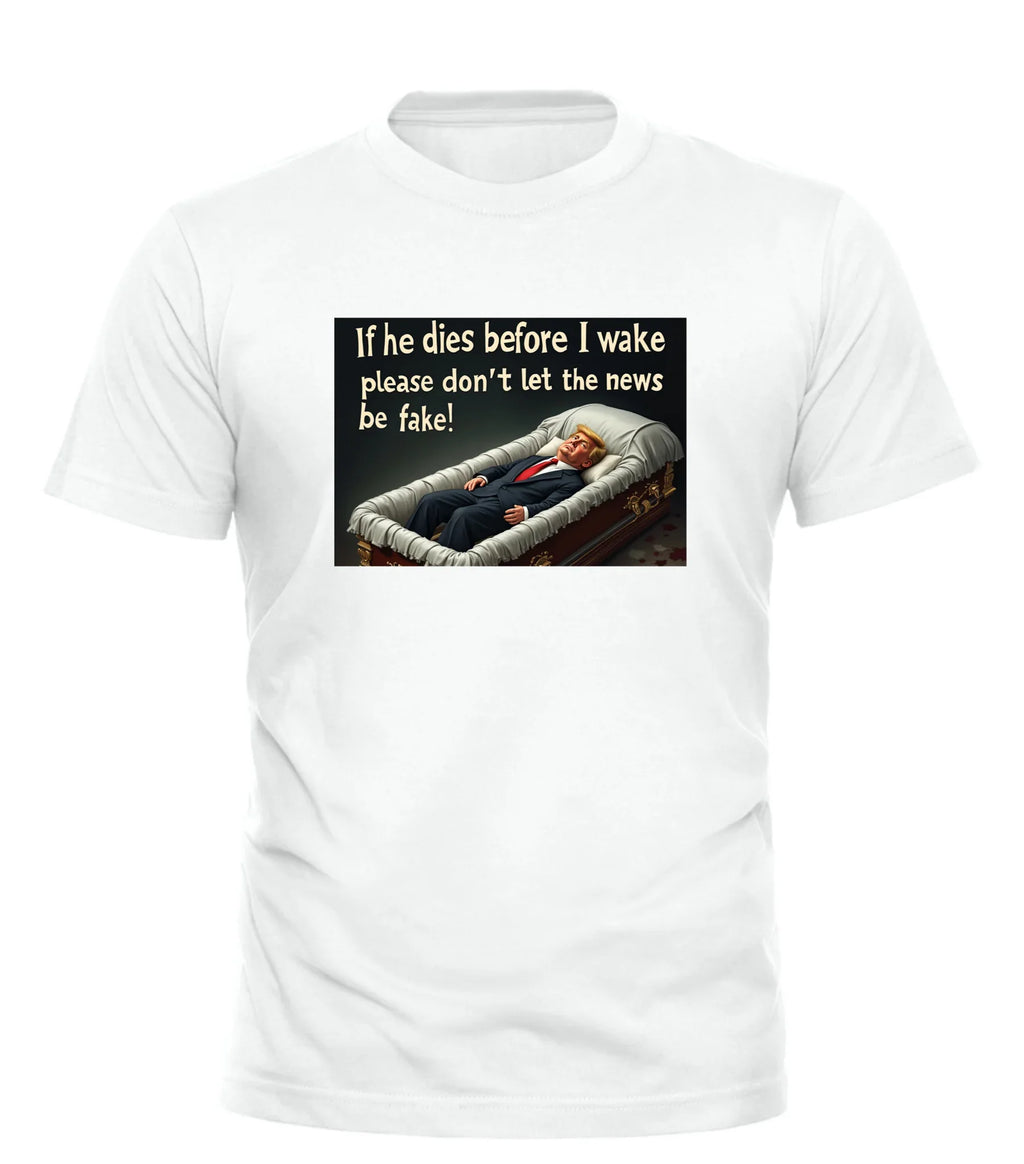 Good Trouble Garments presidential funeral humor tee with graphic of man in casket and witty text