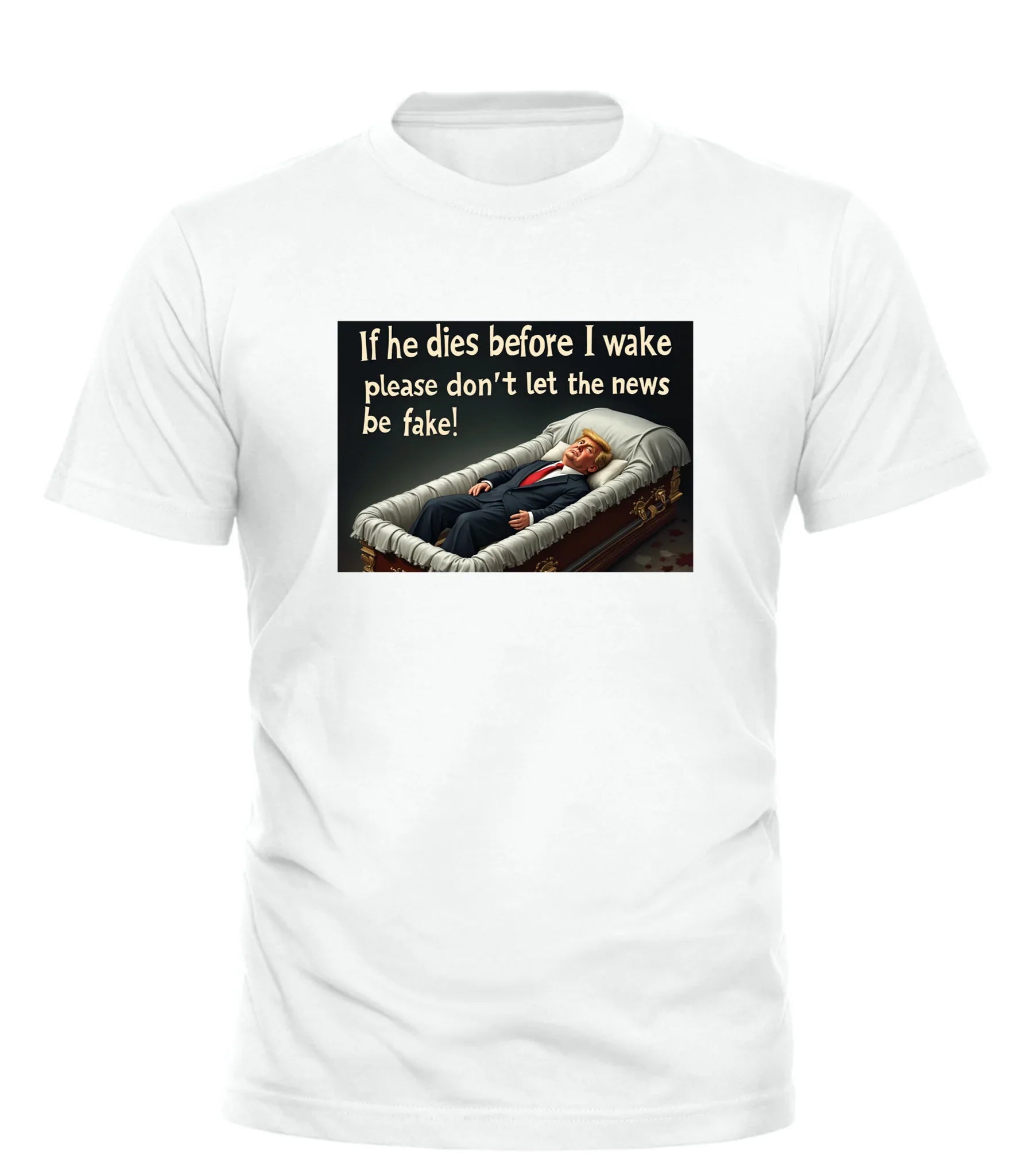 Good Trouble Garments presidential funeral humor tee with graphic of man in casket and witty text