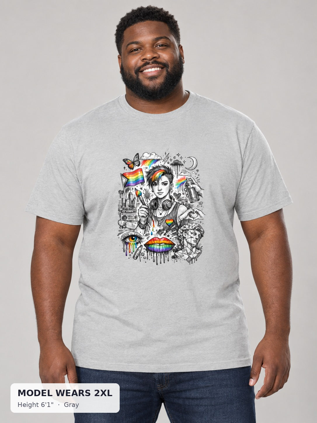 Pride Is Art Tee in Gray on a plus-size model wearing size 2XL, 6'1" - Good Trouble Fashion