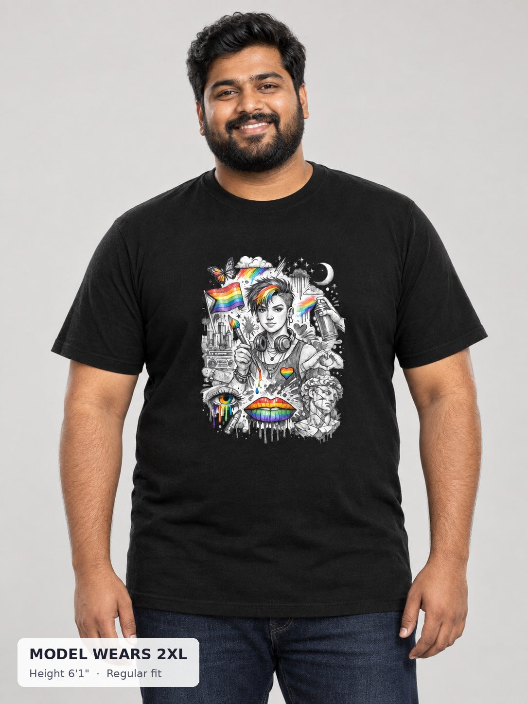 Pride Is Art Tee on a plus-size model wearing size 2XL, 6'1" - Good Trouble Fashion