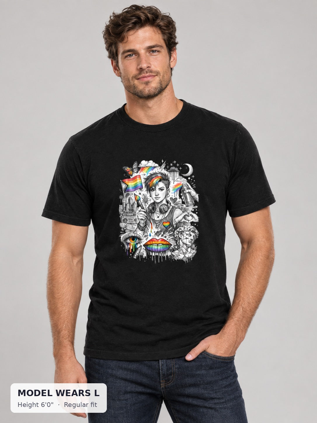 Pride Is Art Tee on an athletic model wearing size L, 6'0" - Good Trouble Fashion