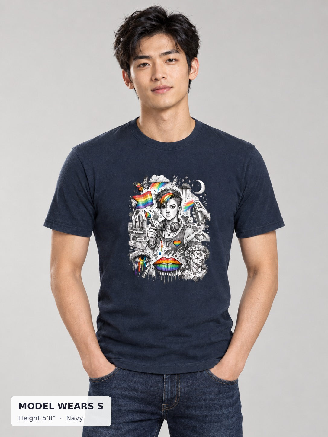 Pride Is Art Tee in Navy on a slim model wearing size S, 5'8" - Good Trouble Fashion