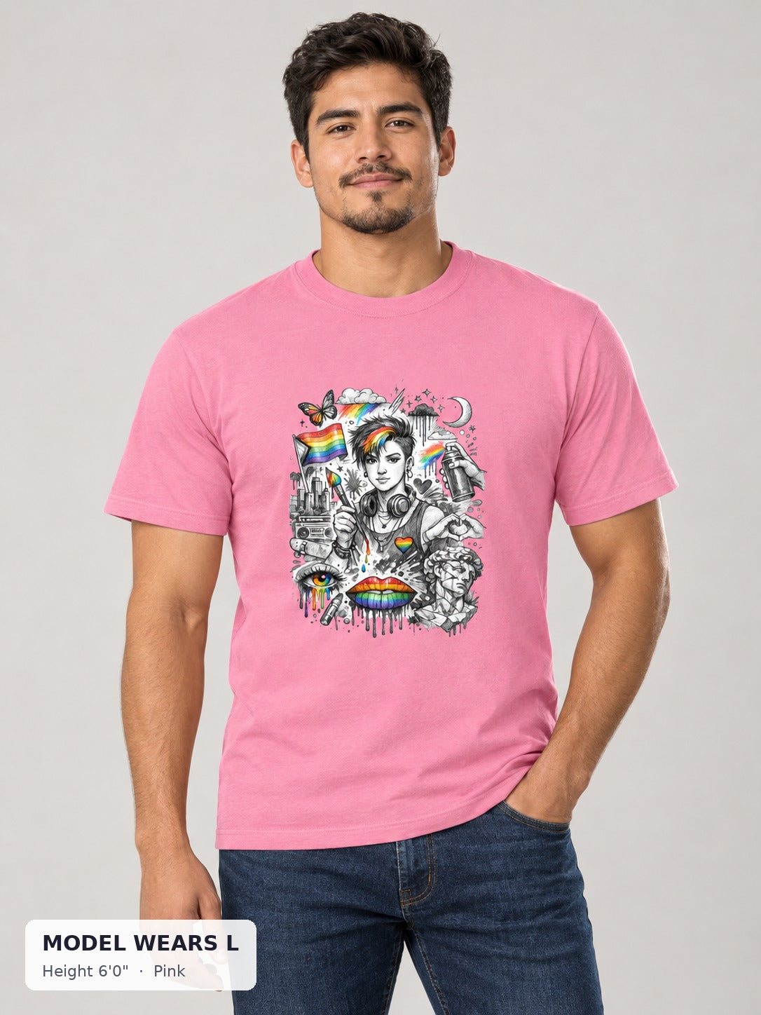 Pride Is Art Tee in Pink on an athletic model wearing size L, 6'0" - Good Trouble Fashion