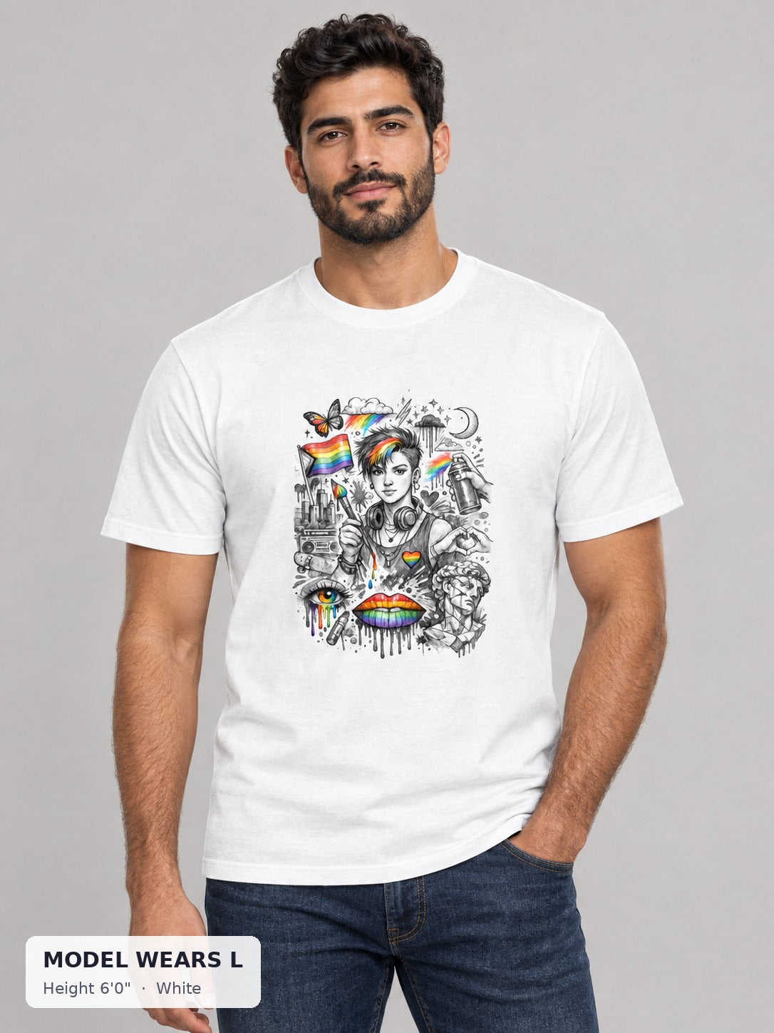 Pride Is Art Tee in White on an athletic model wearing size L, 6'0" - Good Trouble Fashion