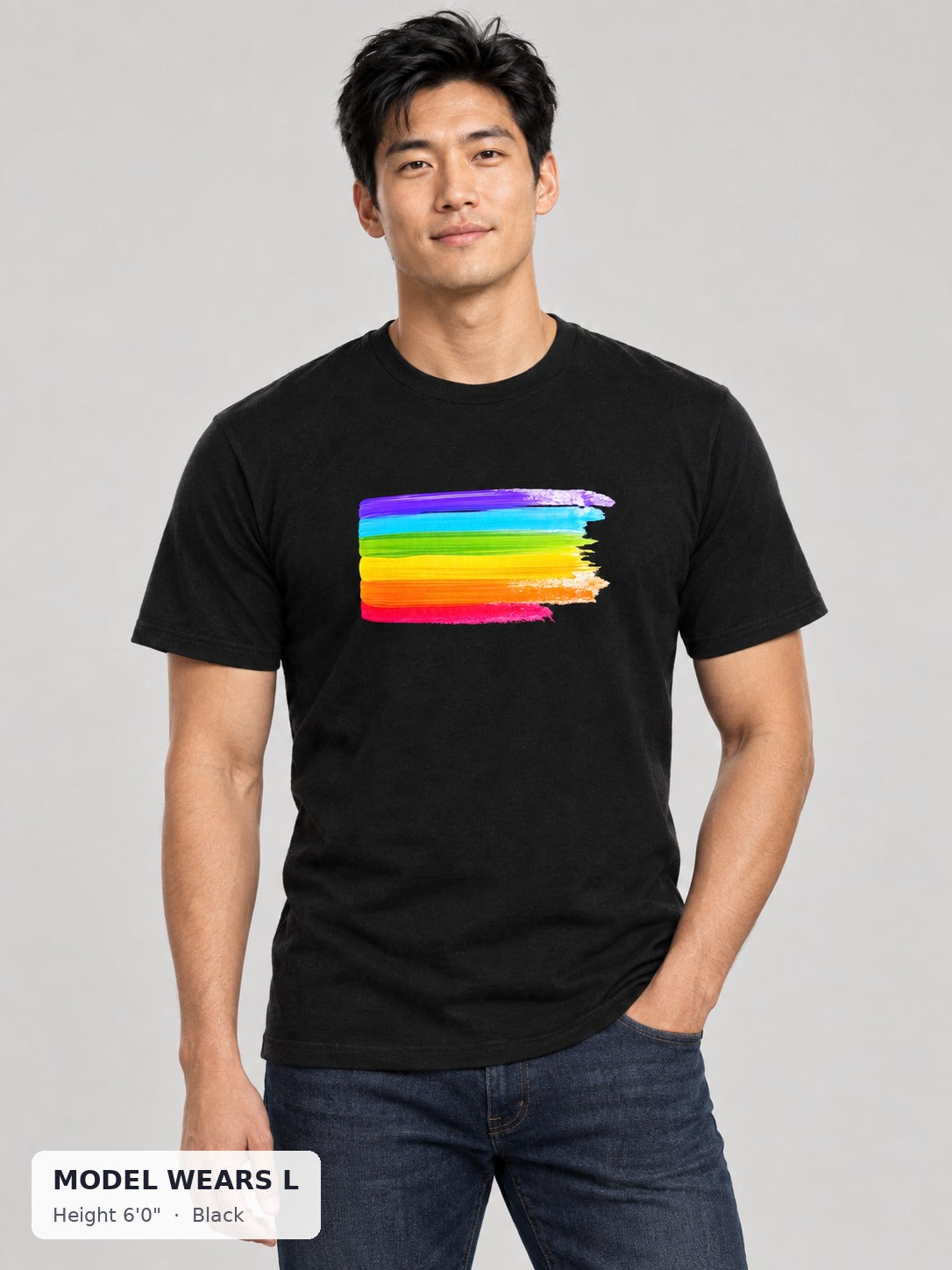 Pride Is Beautiful Rainbow Tee in Black on an athletic model wearing size L, 6'0" - Good Trouble Fashion