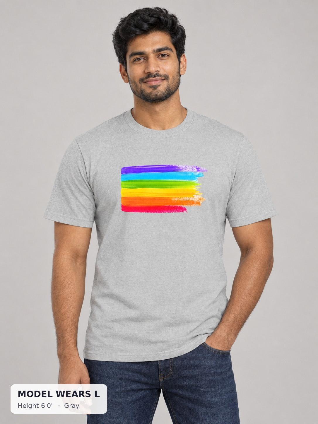 Pride Is Beautiful Rainbow Tee in Gray on an athletic model wearing size L, 6'0" - Good Trouble Fashion