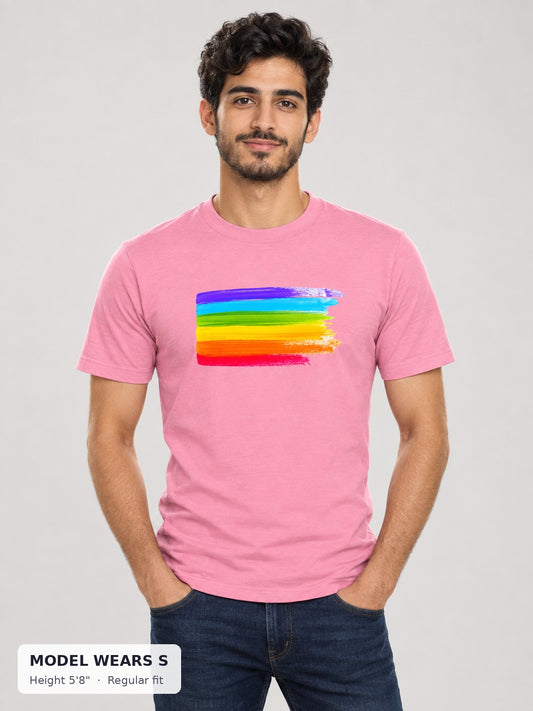 Pride Is Beautiful Rainbow Tee on a slim model wearing size S, 5'8" - Good Trouble Fashion