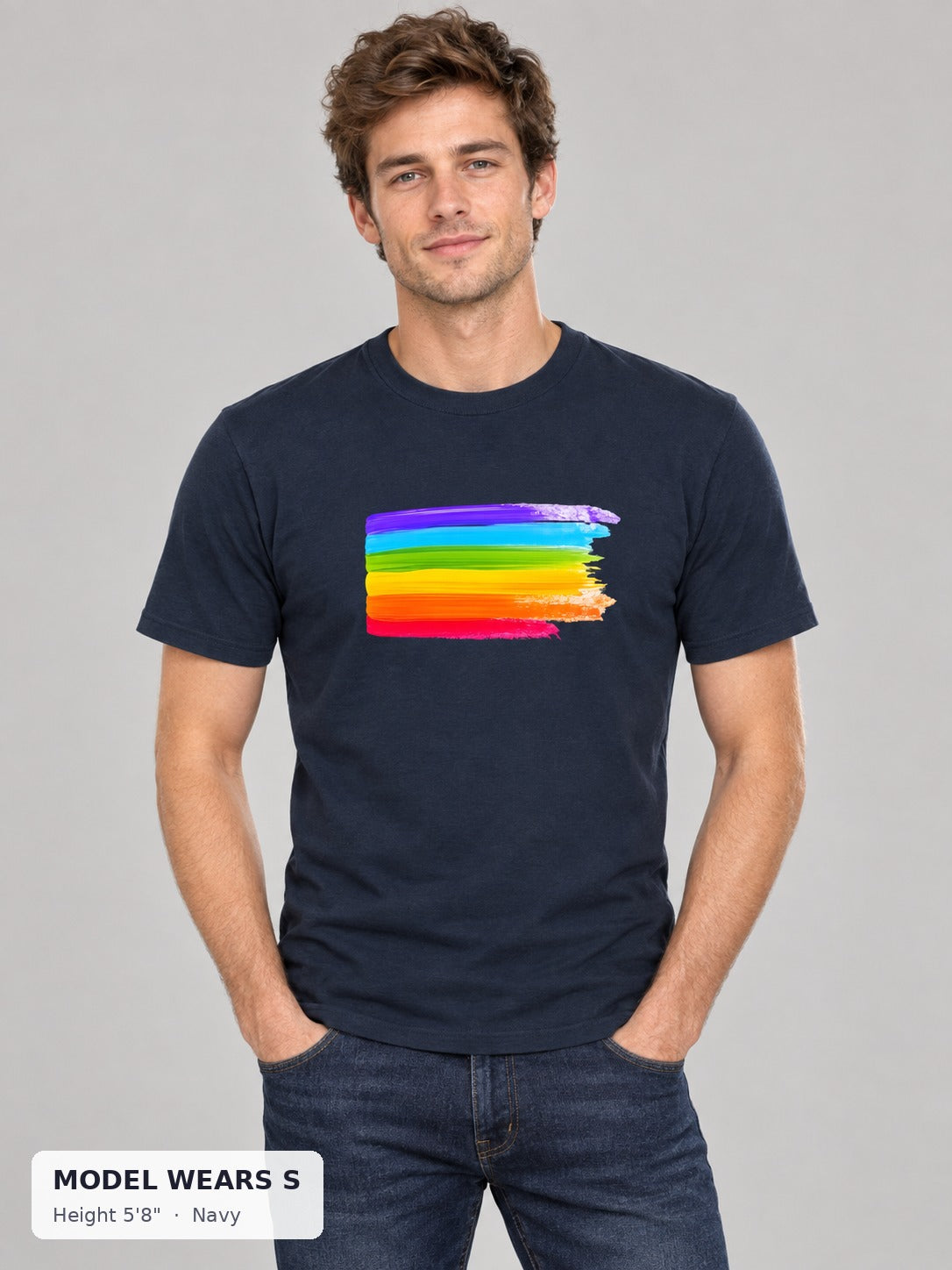 Pride Is Beautiful Rainbow Tee in Navy on a slim model wearing size S, 5'8" - Good Trouble Fashion