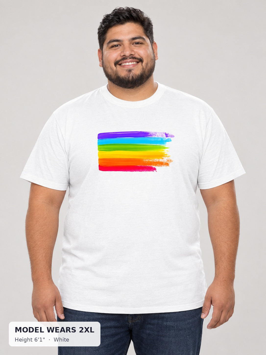 Pride Is Beautiful Rainbow Tee in White on a plus-size model wearing size 2XL, 6'1" - Good Trouble Fashion