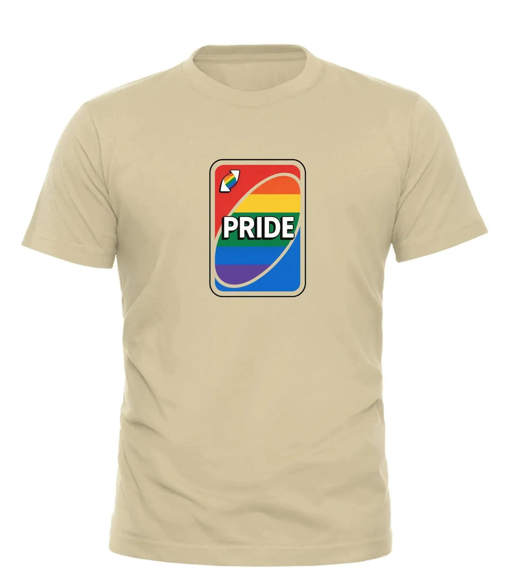 Pride shirt uno card design featuring a colorful rainbow print on a beige t-shirt