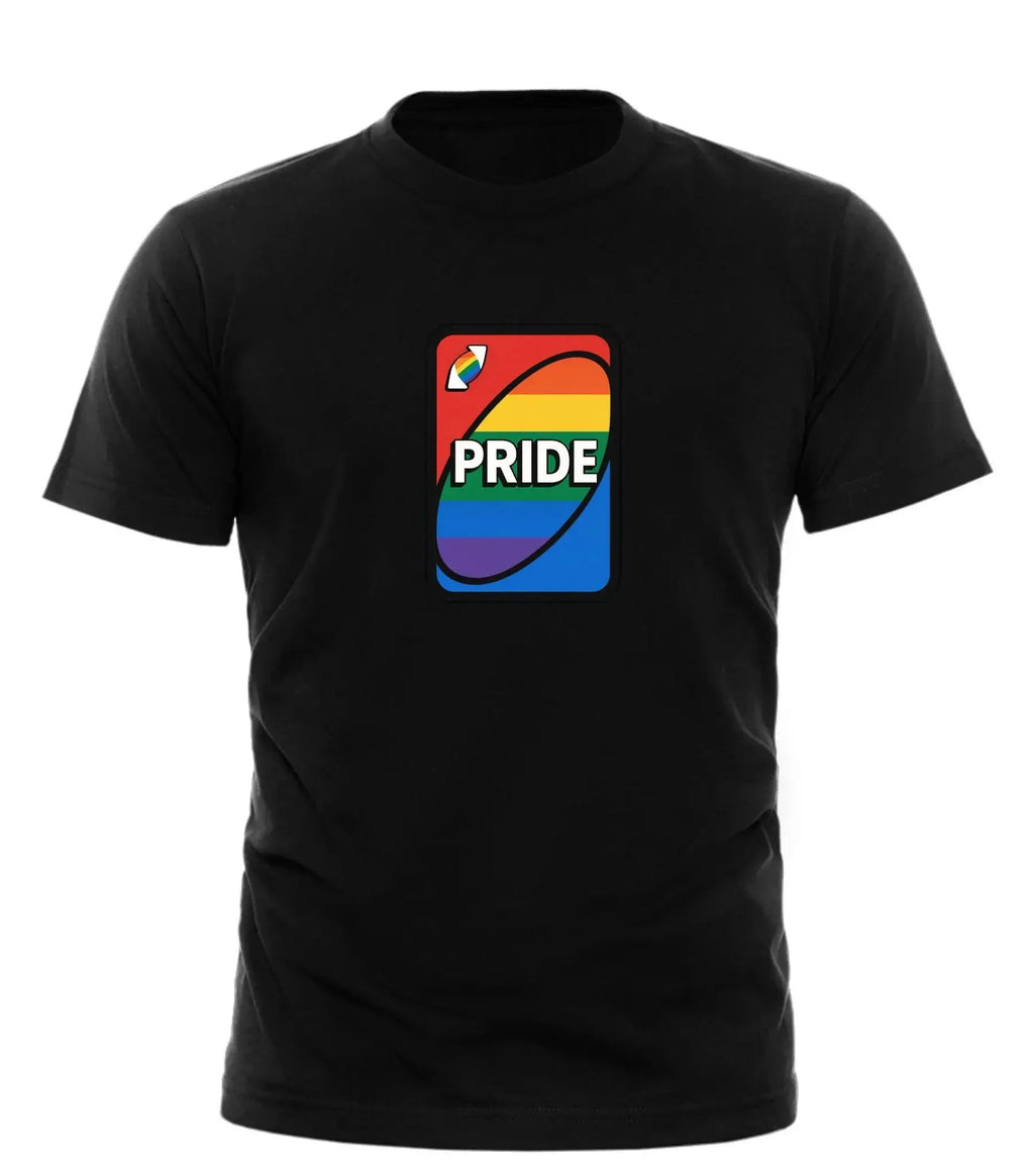 Good Trouble Fashion Pride Shirt Uno Card Design featuring a rainbow color scheme on a black tee