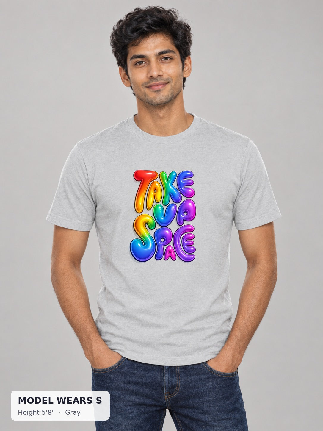Pride Take Up Space Tee in Gray on a slim model wearing size S, 5'8" - Good Trouble Fashion