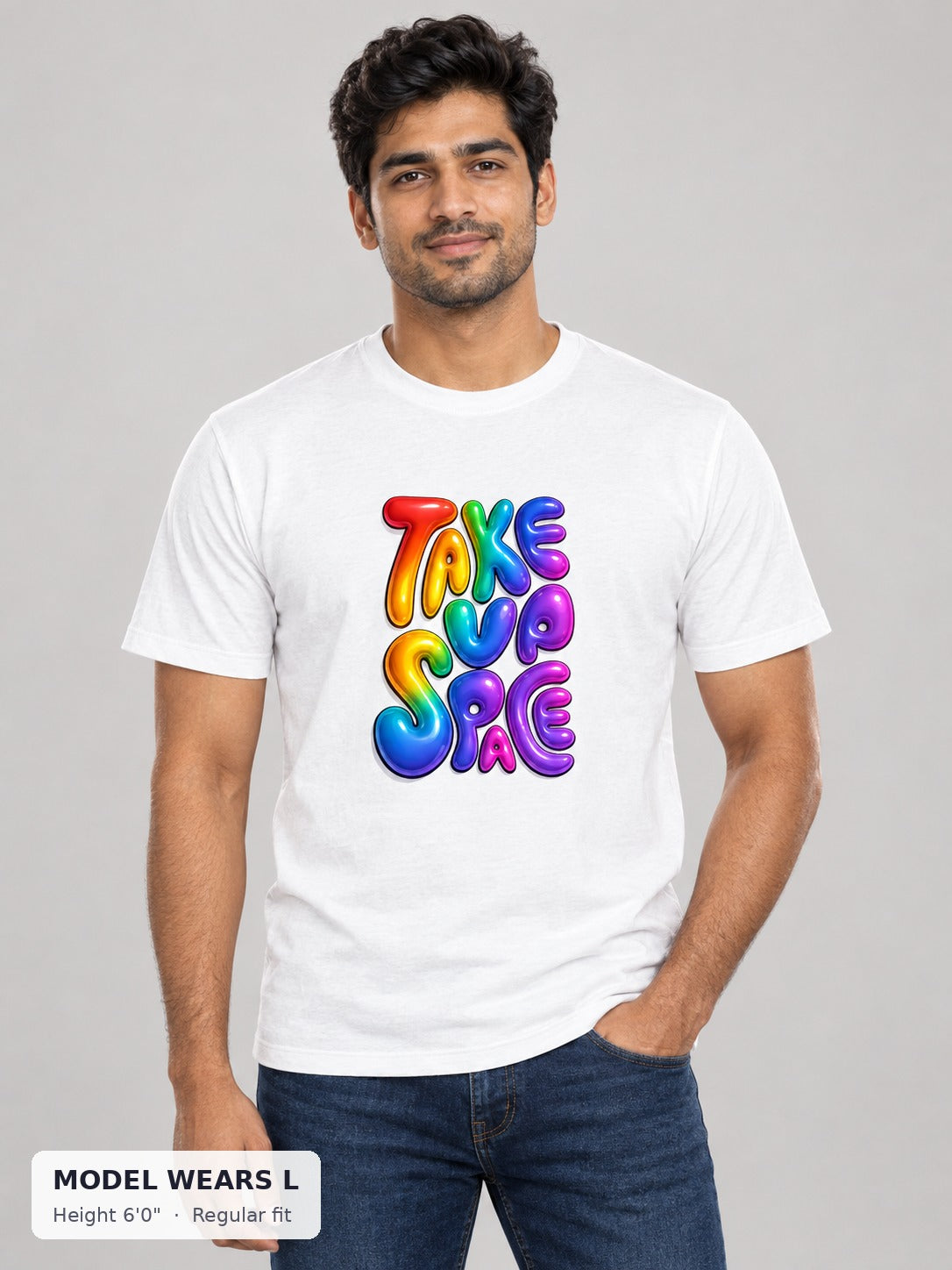 Pride Take Up Space Tee on an athletic model wearing size L, 6'0" - Good Trouble Fashion