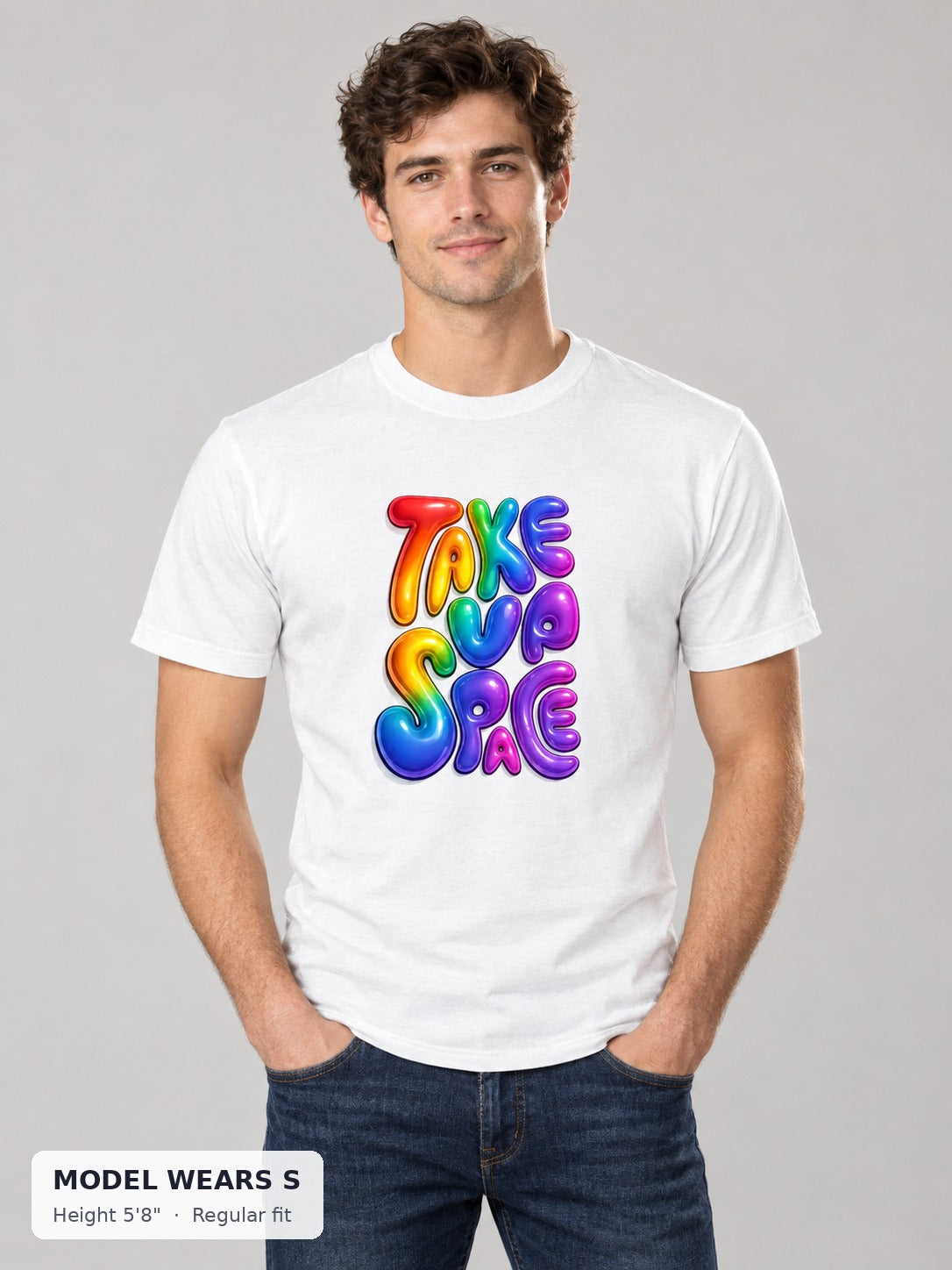 Pride Take Up Space Tee on a slim model wearing size S, 5'8" - Good Trouble Fashion