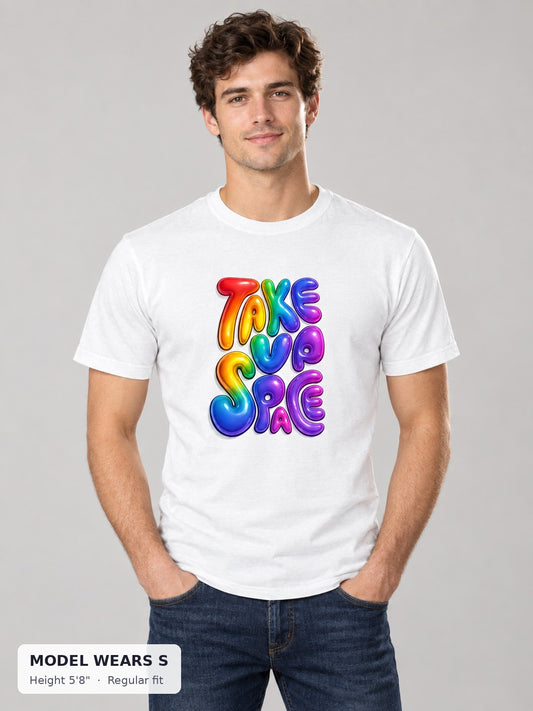 Pride Take Up Space Tee on a slim model wearing size S, 5'8" - Good Trouble Fashion