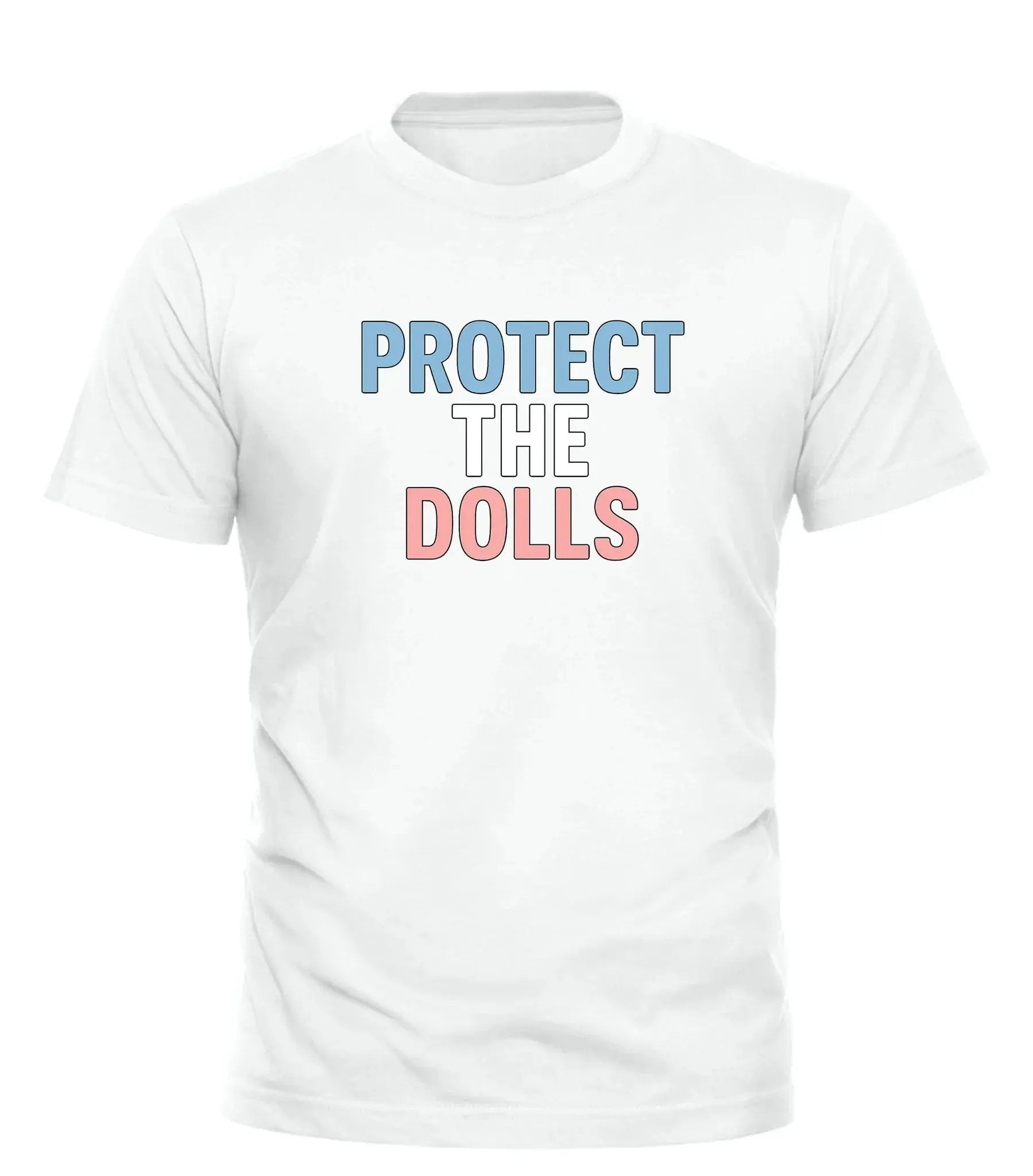 White Good Trouble Garments Protect the Dolls LGBTQ shirt with blue, white, and pink text design