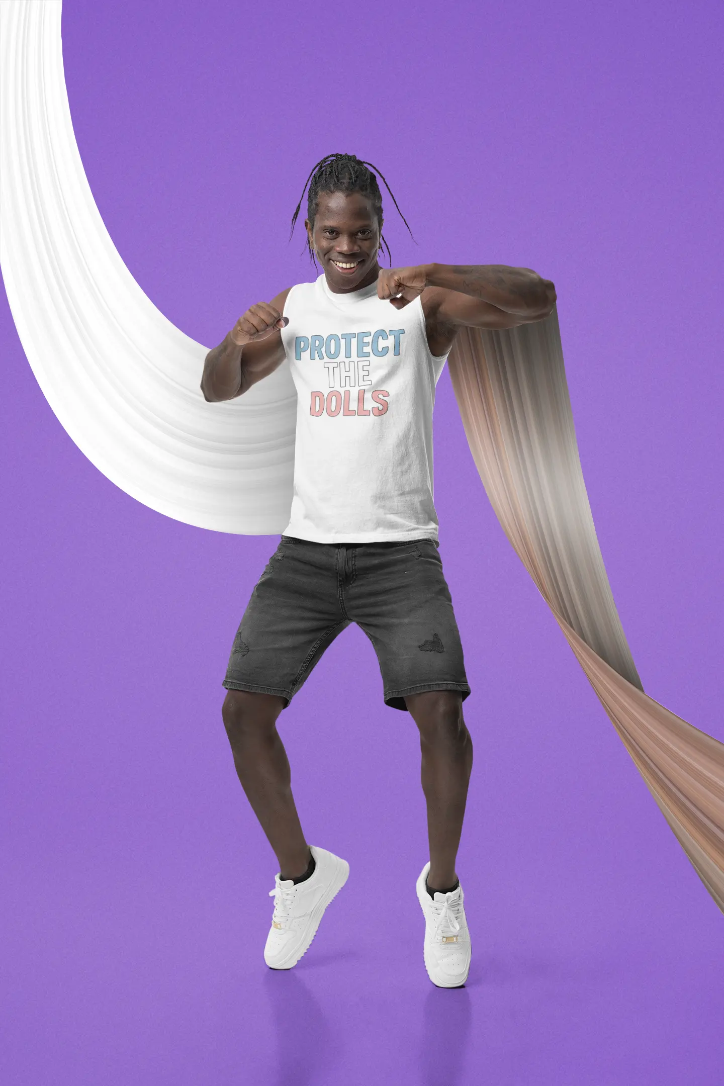 Man wearing Good Trouble Garments Protect the Dolls LGBTQ shirt in white with blue and red text on purple background