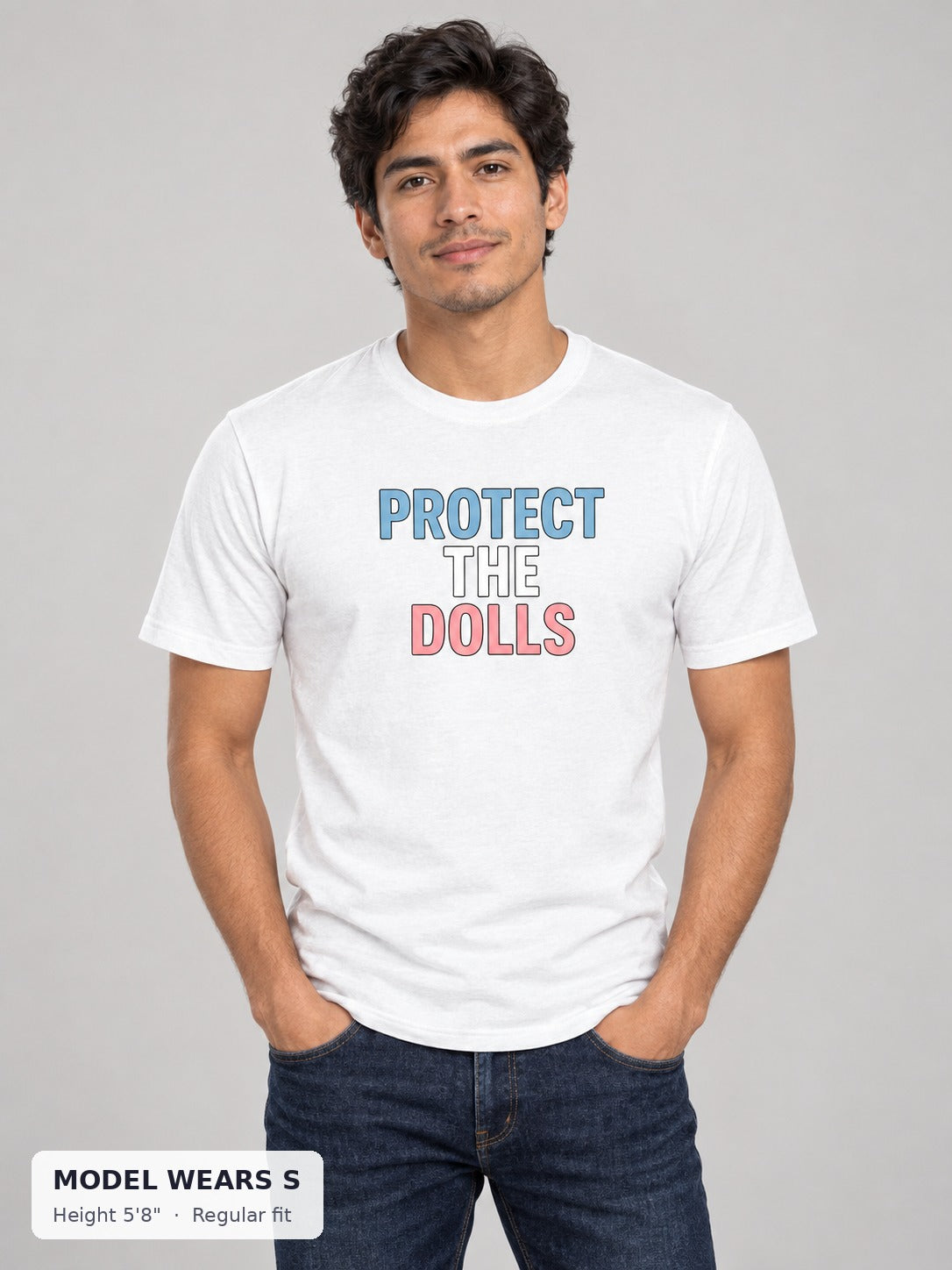Protect the Dolls Tee on a slim model wearing size S, 5'8" - Good Trouble Fashion