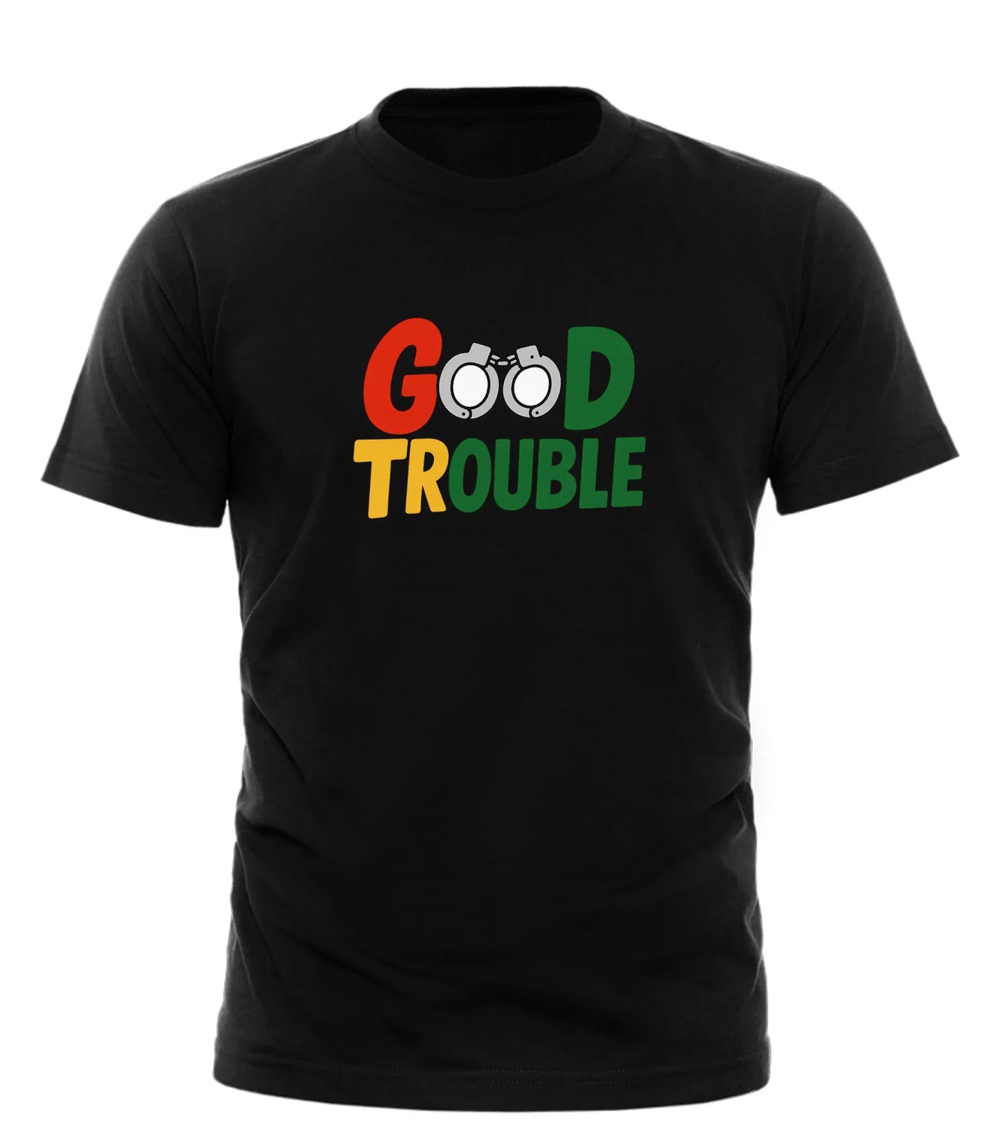 Black Good Trouble Garments protest t shirt for activists with colorful handcuff design