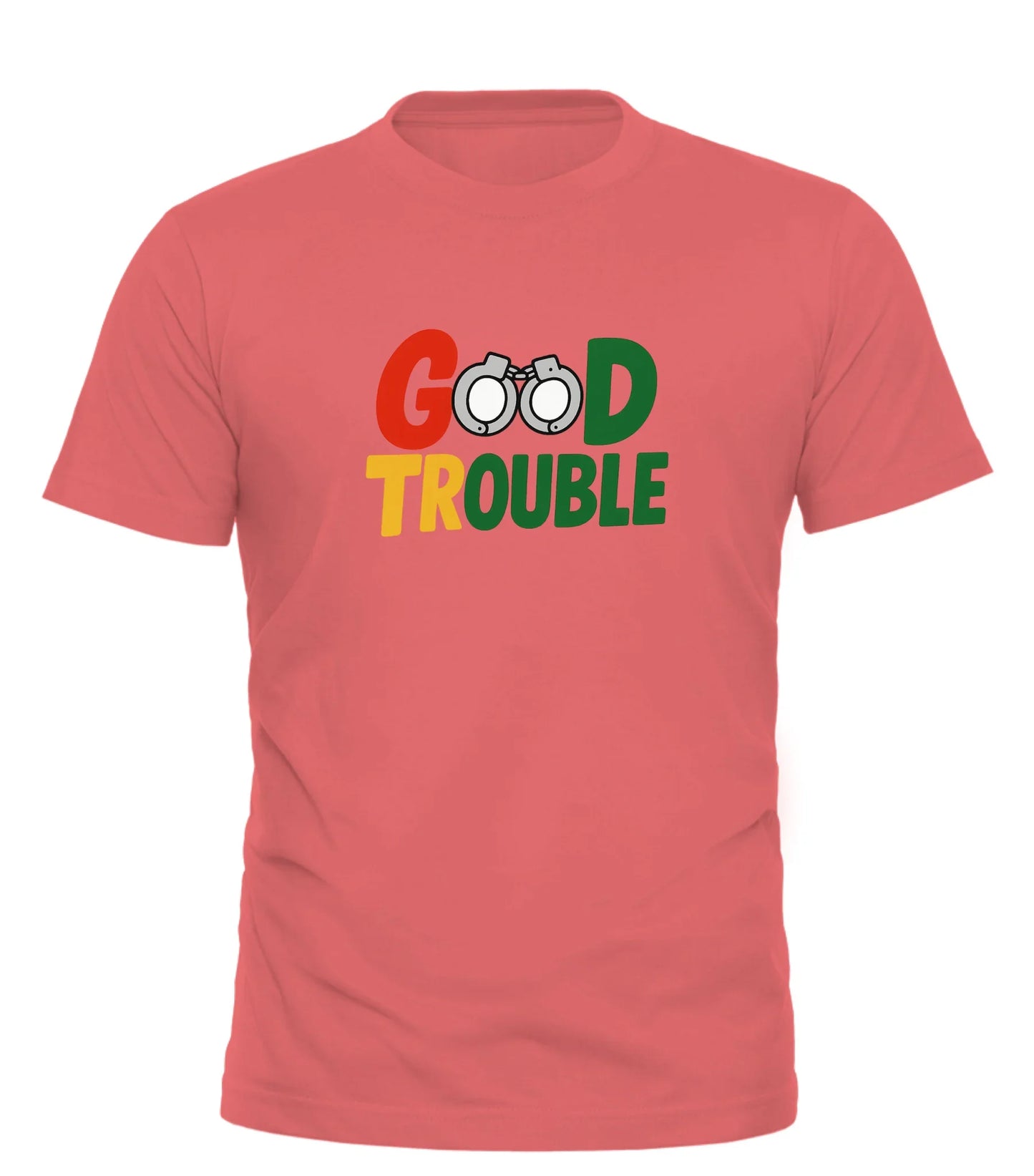 Good Trouble Garments protest t shirt for activists in coral with colorful logo and handcuff design